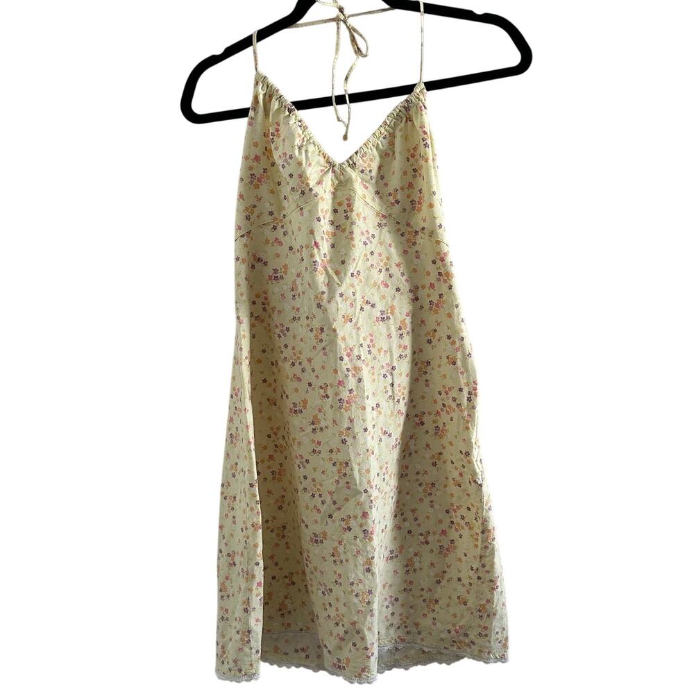 Y2k Sisley Ditsy Floral V-Neck Halter Mini Summer Dress Yellow